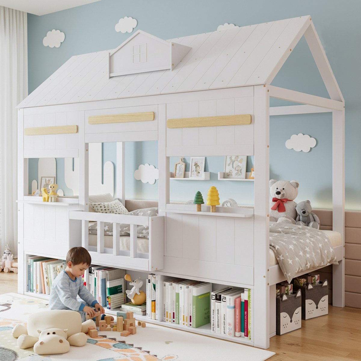 Clruro Hoogslaper - 90x200cm - Huisvorm design met boekenrek en lattenbodem - stabiel - grenen + MDF + multiplex - wit