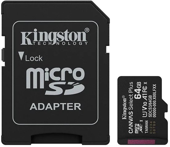 Kingston micro SD adapter en 64GB microSDXC Canvas Select Plus kaart.