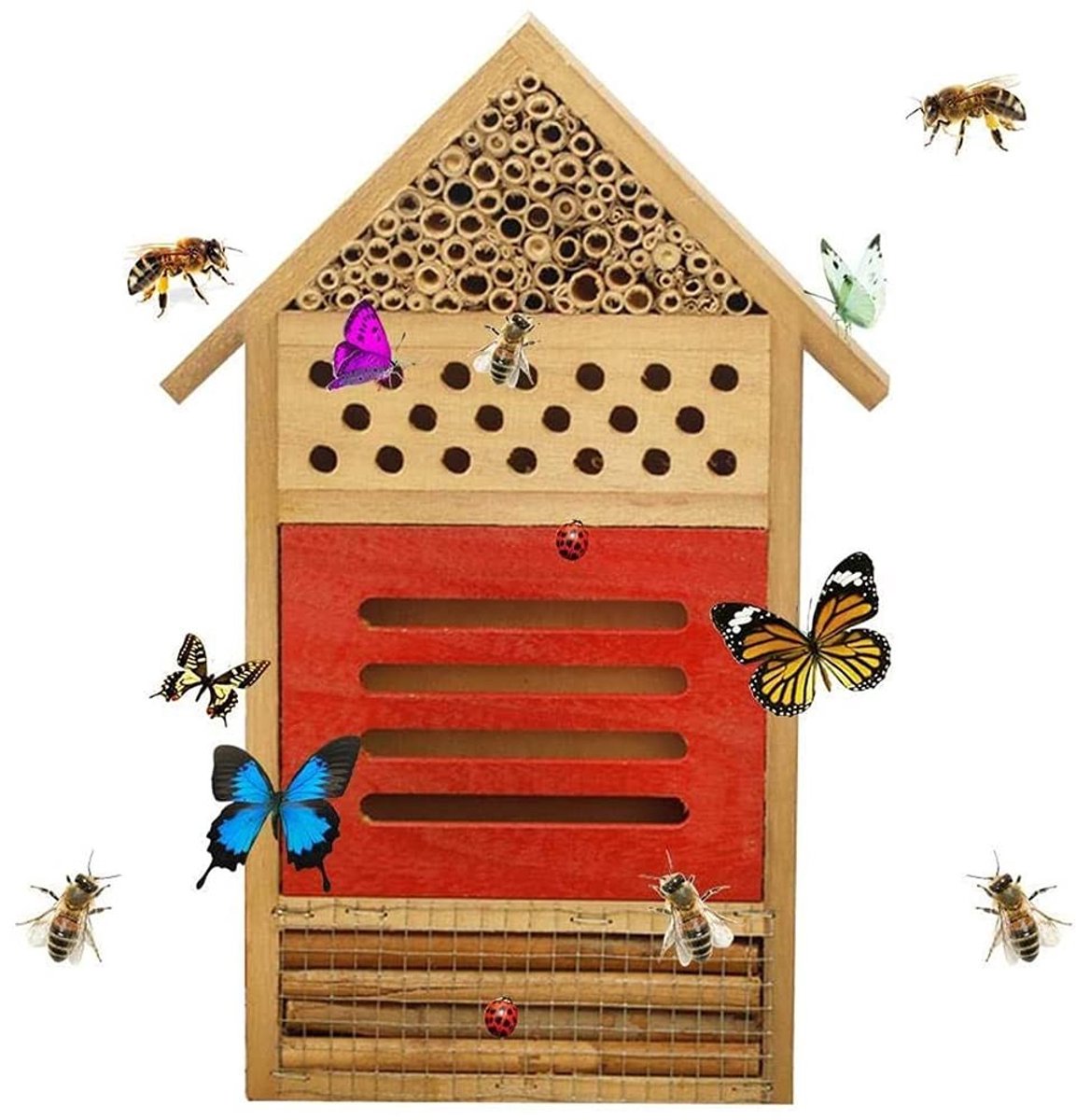 Dailygoody - Insectenhuis - Bijenhotel - Natuurlijke attractie voor tuin - Houten vlinderhabitat - Voor nuttige insecten - Geschikt voor tuinen - Rood
