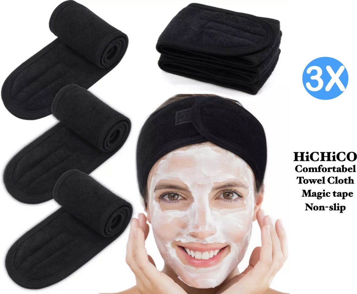 HiCHiCO™ Verstelbaar Badstof Hoofdband - Headband – Dames Haarband Zwart - Hairband - Make Up Stretch Handdoek Met Tap - Make-Up Accessoires – Badstoffen Bandeau – Schoonheidsspecialist – Haarband – Make up hairband - 3 STUKS – Zwart