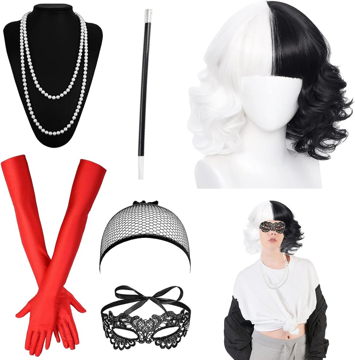 Korte Krullende Peruk voor Vrouwen in Zwart en Wit, Perfect voor Kostuumfeest, Halloween en Carnaval