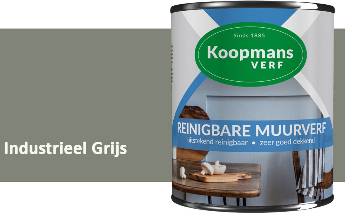 Koopmans Reinigbare Muurverf – Afwasbare Schrobvaste Muurverf Binnen – Mat – Voor Keuken, Woonkamer & Kinderkamer – Industrieel Grijs – 7,5 l