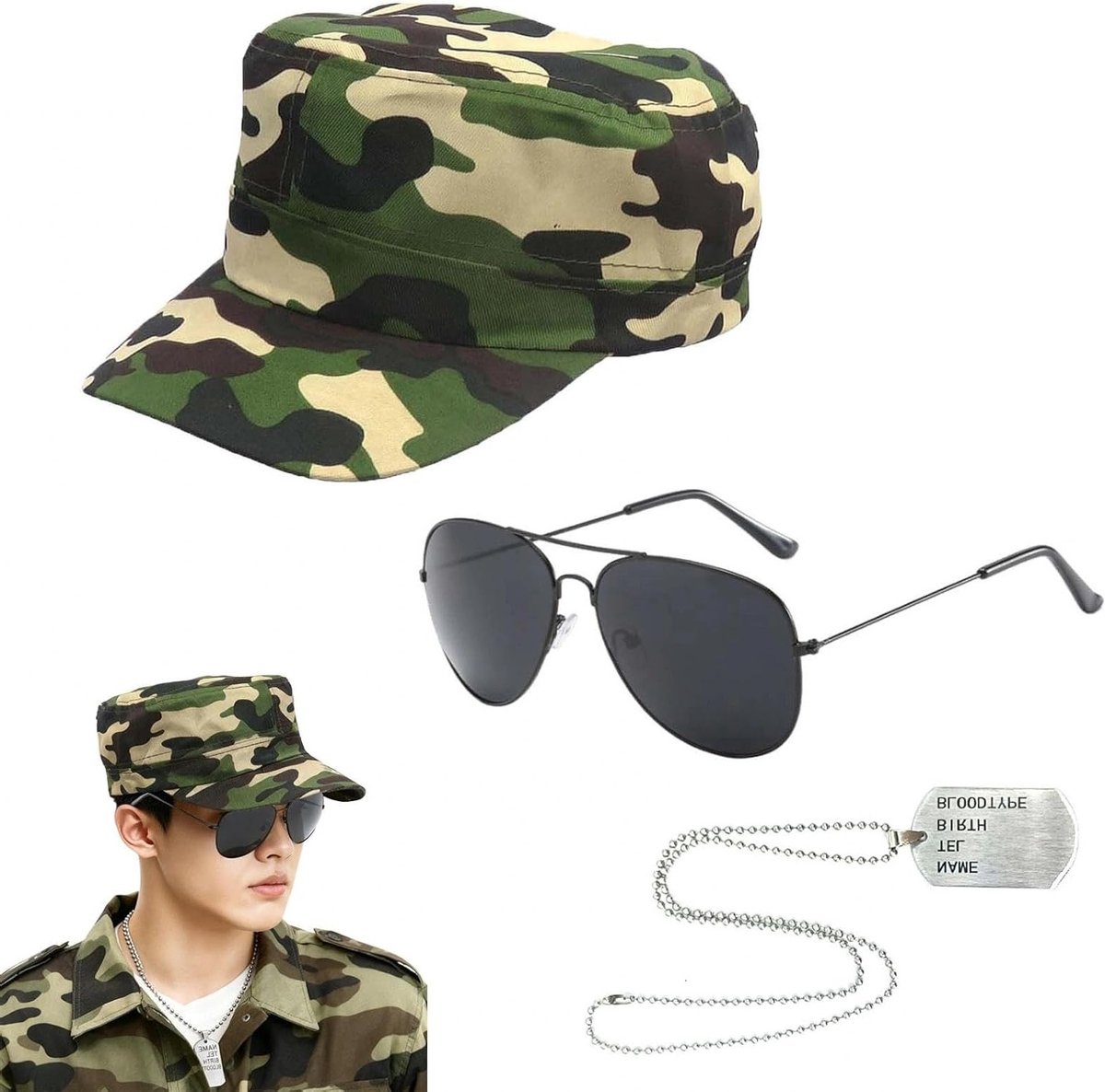 Volwassen legerkostuumset met camouflage, zonnebril en hondenpenning - Perfect voor verkleedpartijen en themafeesten