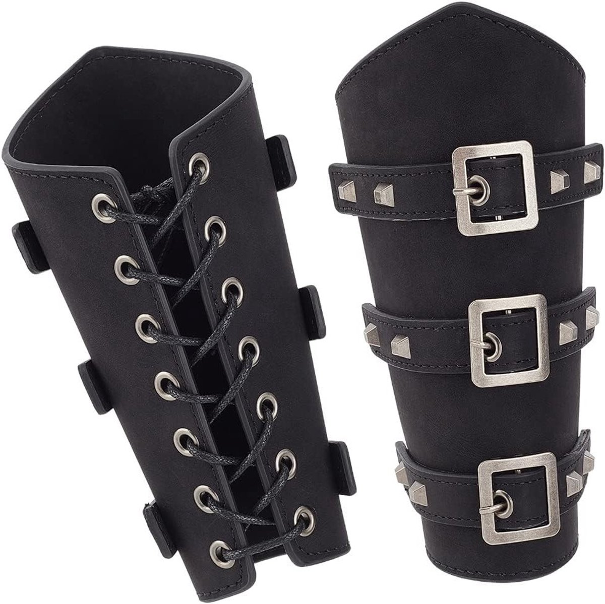Viking LARP Lederen Arm Beschermers, Middeleeuwse Buckle, Handgemaakte Faux Lederen Kostuumaccessoires voor Halloween, Retro Renaissance, Zwart, Ideaal voor Rollenspellen en Cosplay