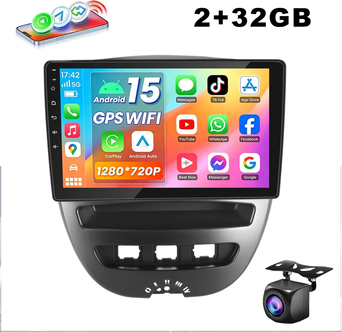 ESSGOO Carplay Autoradio Geschikt Voor Toyota Aygo/PEUGEOT 107/Citroen C1 2005-2014 - Android 15 - Draadloos Apple Carplay & Android Auto - 2GB + 32GB - 4 Core processor - Bluetooth & Wifi GPS Navigatie - Achteruitrijcamera