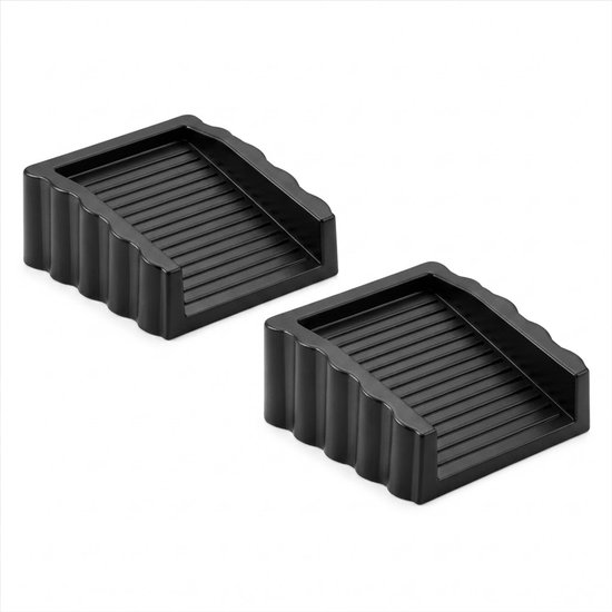 Twee zwarte, wigvormige deurstops met ribbels voor grip.