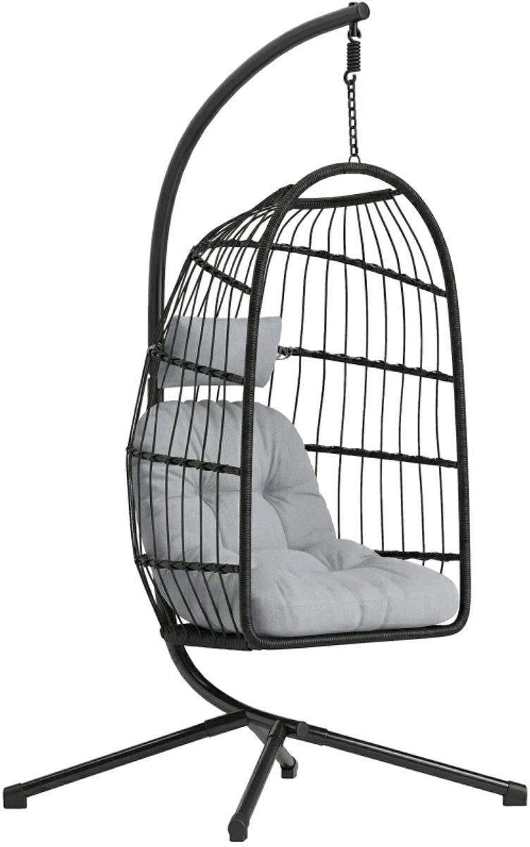Egg Hangstoel met Standaard & Kussen - Egg Chair - Stalen Frame - Opvouwbare Hangschommel - Schommelstoel - Tuinstoel - tot 120 kg - Verstelbare Hoogte - voor Binnen / Buiten - voor Tuin, Terras, Balkon - Zwart + Lichtgrijs