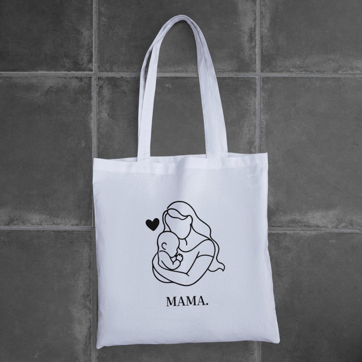 Totebag ''Mama'' – katoenen tas met lijntekening moeder en baby – cadeau voor mama