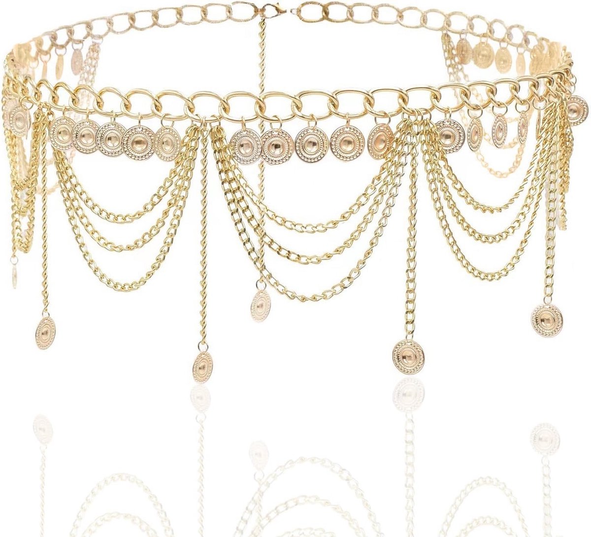 Elegante gouden taillenkette voor dames, meerlagige buikband met kwastjes, verstelbare lengte 70 cm + 30 cm verlenging