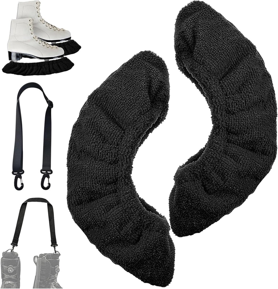 Elastische schaatsbeschermers met schouderband voor ski- en schaatslaarzen, ideaal voor ijshockey en kunstschaatsen, zwart, polar fleece en polyester