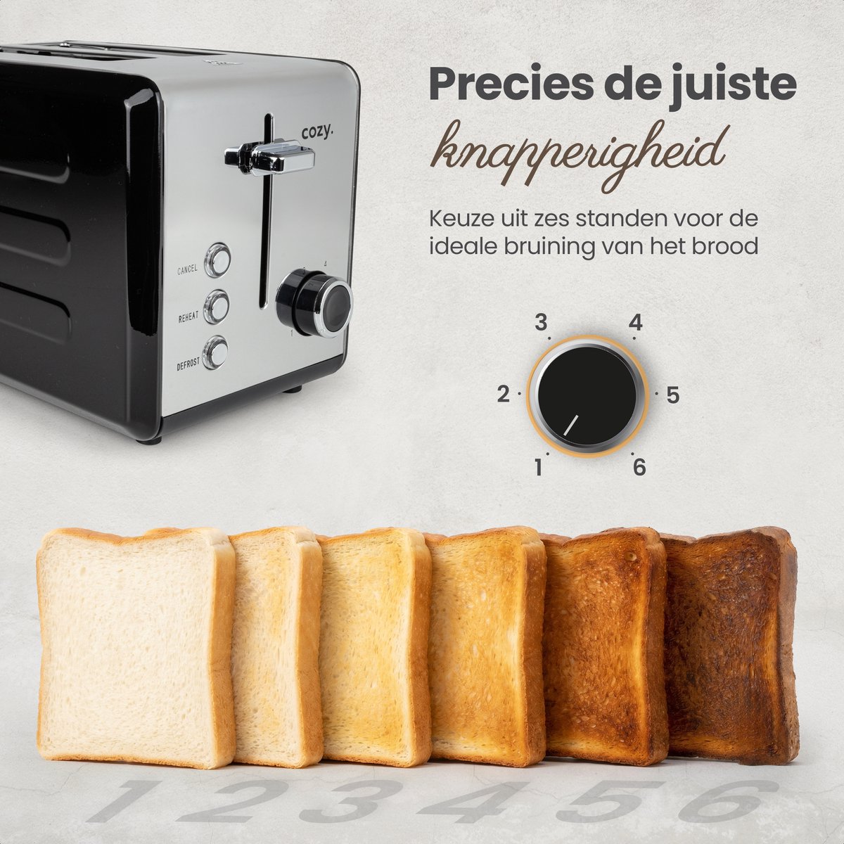 cozy.® Metalen Broodrooster met Tostiklemmen - Tosti Apparaat 815W - Retro Tosti Ijzer & Toaster - Brede Sleuven & 6 Standen - Ontdooi & Verwarm functie - Inclusief E-book - Broodrooster Zwart thumbnail 4