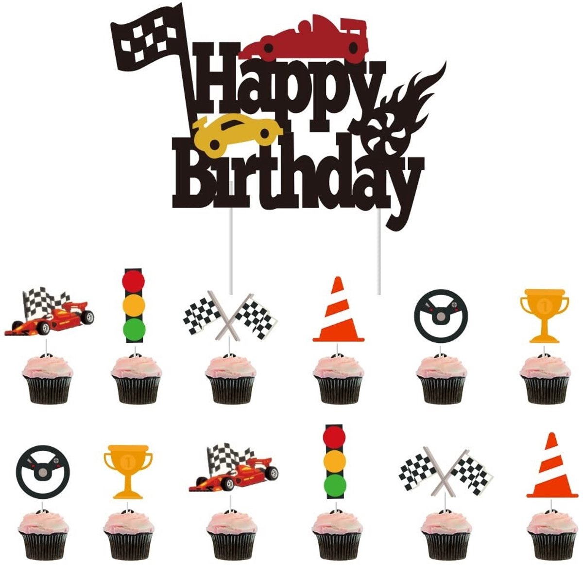 Dailygoody - Rennthema Cake invoegvlag - Feestdecoratie - 13 stuks - Zwart-wit - Auto cake-invoeging - Perfect voor verjaardagen - Inclusief grote en ...