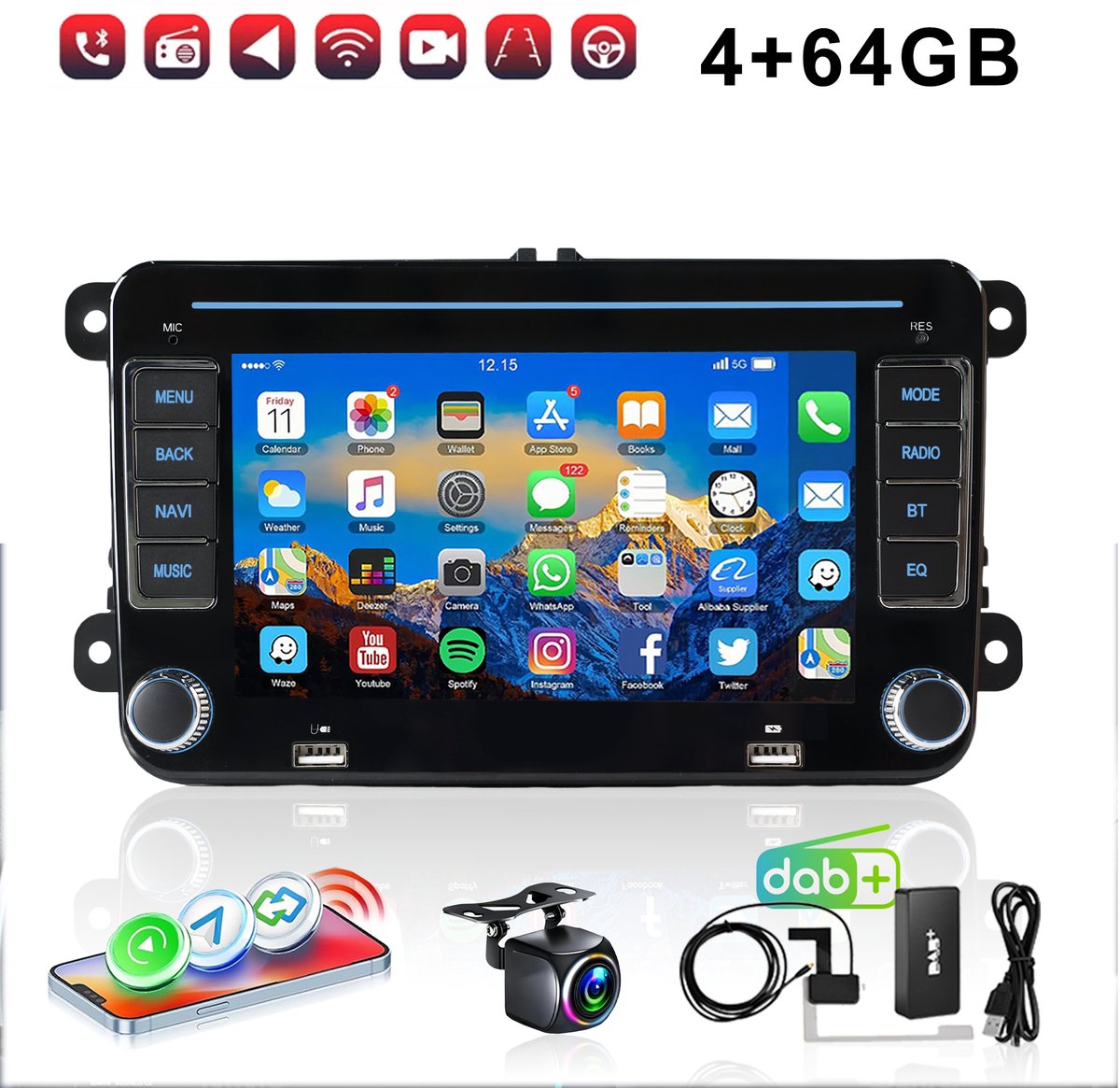 ESSGOO Autoradio - Geschikt voor Volkswagen, Skoda & Seat - Apple Carplay & Android Auto - Android 15 - 4+64GB - 7 Inch HD Touchscreen - Bluetooth, USB, WiFi & SWC - GPS Navigatiesysteem - DAB+ Achteruitrijcamera