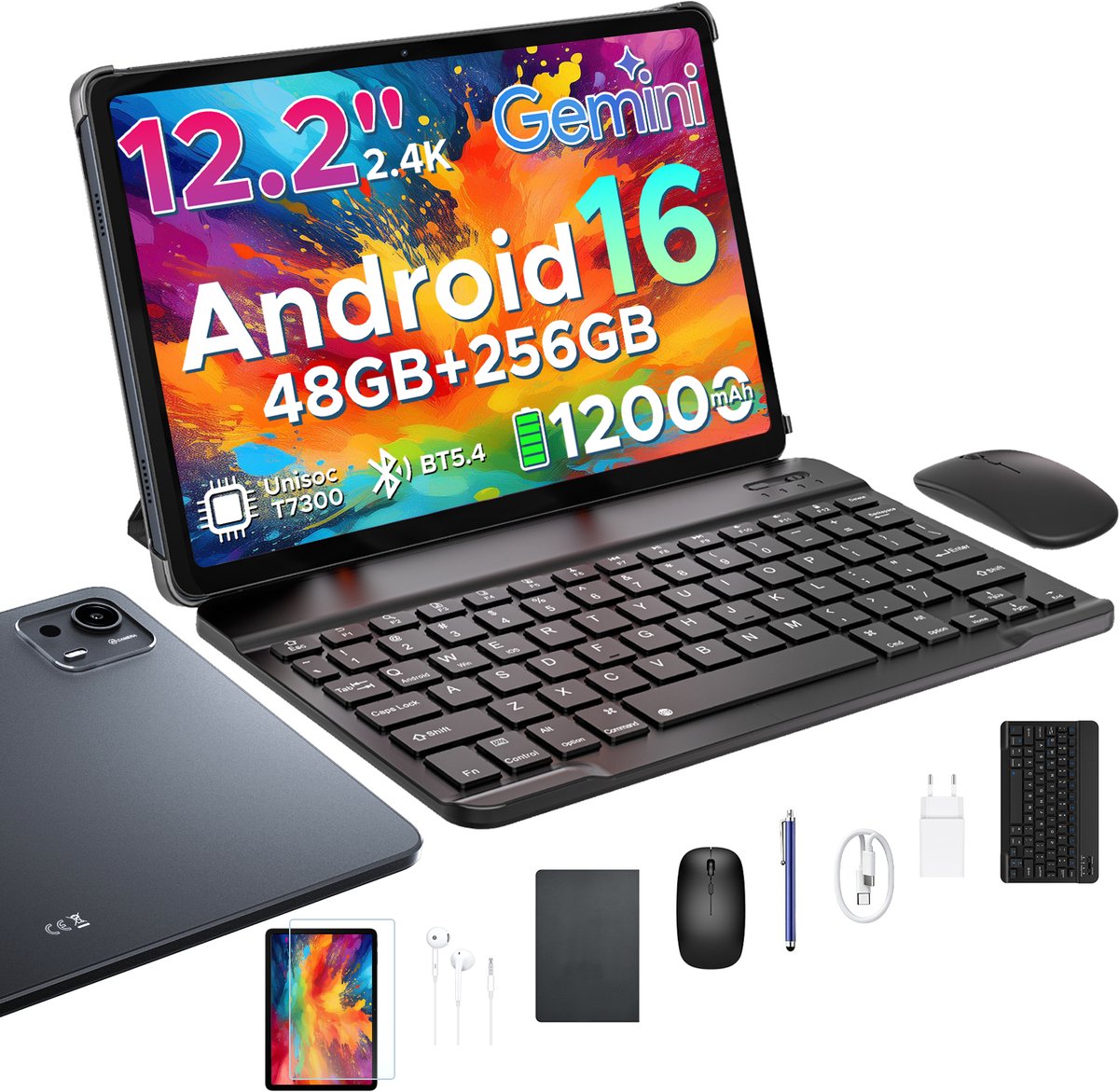 Aorlym P12 Plus - Tablet - 48GB RAM (12+36GB) + 256GB ROM (2 TB/TF) - 12,2 inch 2,4K 120Hz IPS - Android 16 - 12000mAh/18W - T7300 - Wi-Fi 5 - Bluetooth 5.0 - Quad-luidsprekers - Volledige accessoirebundel met toetsenbord en stylus