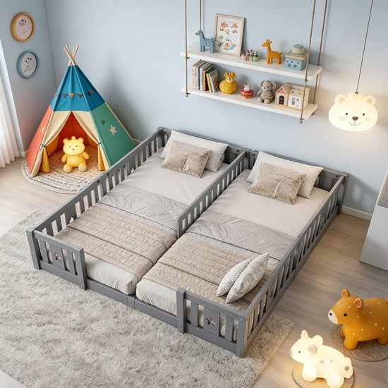 Montessori Vloerbed 90x200 cm – Kinderbed met 4-Zijdige Hekwerken en Lattenbodem, Massief Hout, Sterrenontwerp Grijs, Ideaal voor Gezin en Tweelingen (Zonder Matras)