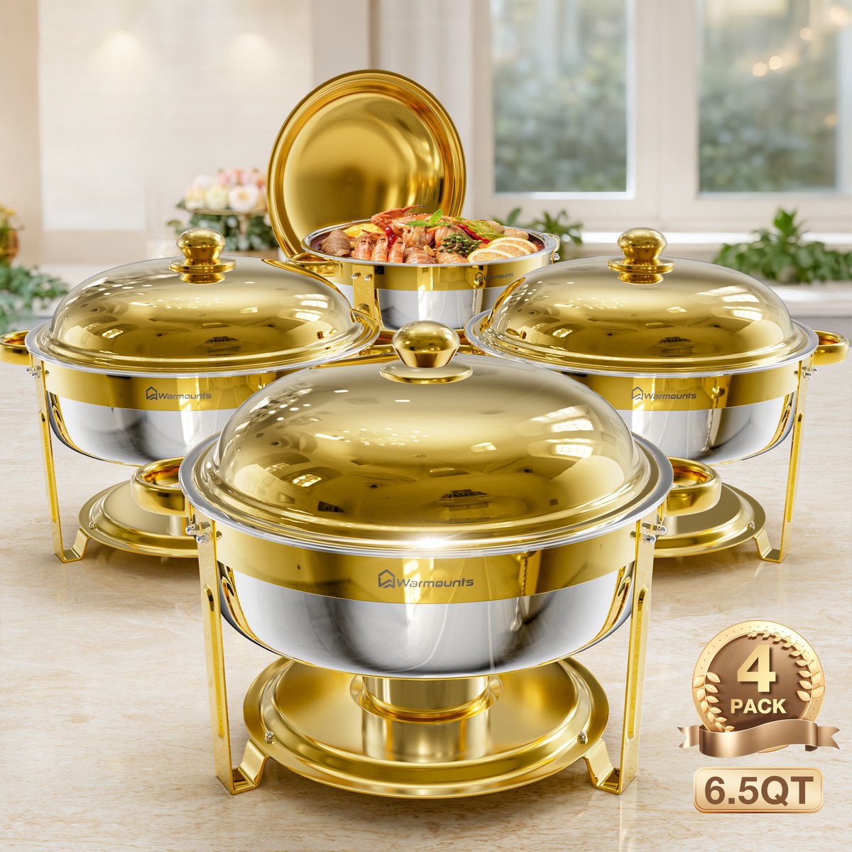 WARMOUNTS Chafing Dish Set van 4 – 6,15 L Ronde RVS Buffetwarmers met Dekselhouder – Stapelbaar – Voor Catering, Bruiloften en Feesten – Goud