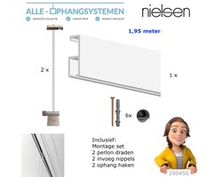 Nielsen Gallery Schilderij Ophang Rail systeem 195 cm – Complete Set – Inclusief Montage, Haken & Perlon Draden – Wit - Aluminium – 25 kg/pm Draagkracht