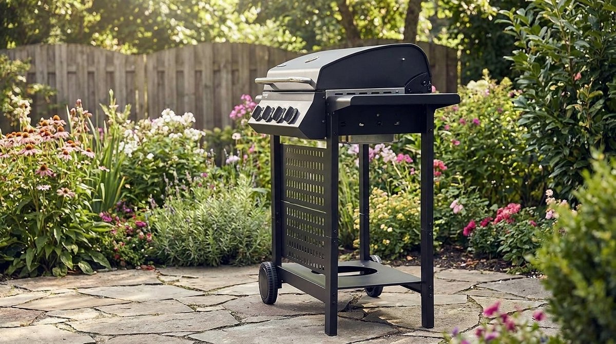 Gasbarbecue 4 Branders – House&Garden XXL RVS Grillwagen met Thermometer, 9 kW Vermogen, Warmhoudrek, Zijtafels, Piëzo Ontsteking en Grote Grillzone – Outdoor BBQ voor Tuin, Terras en Camping