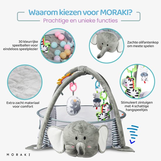 Moraki - Babygym - Olifant Speelkleed 3 in 1 met Ballenbak Dierenhangers en Muziek - Speelmat - Zacht - Vanaf 0 Maanden van Merkloos — afbeelding 4