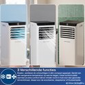 Wit mobiele airco met 3 functies: koelen, ventileren, ontvochtigen. Drie panelen tonen de verschillende standen voor een aangename temperatuur en frisse lucht.
