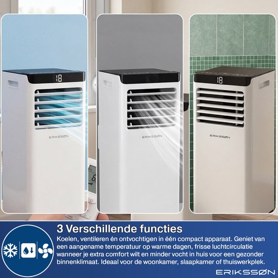Wit mobiele airco met 3 functies: koelen, ventileren, ontvochtigen. Drie panelen tonen de verschillende standen voor een aangename temperatuur en frisse lucht.