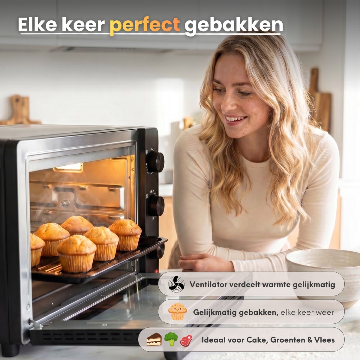 COOK-IT Vrijstaande Oven - 46L - 6 Ovenstanden - Hetelucht - PFAS Vrij - Grill - Draaispit - 90 tot 230°C - Zwart – foto 6