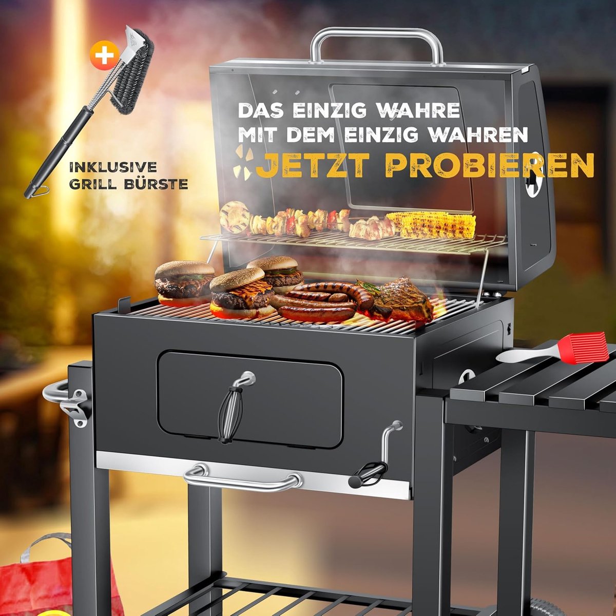 Houtskoolbarbecue XL Grillwagen met Deksel & Thermometer – BBQ Smoker Grill met Warmhoudrooster, Wielen, Zijtafel & Opbergrek – Houtskool BBQ voor Tuin, Camping & Terras – Grijs – House&Garden