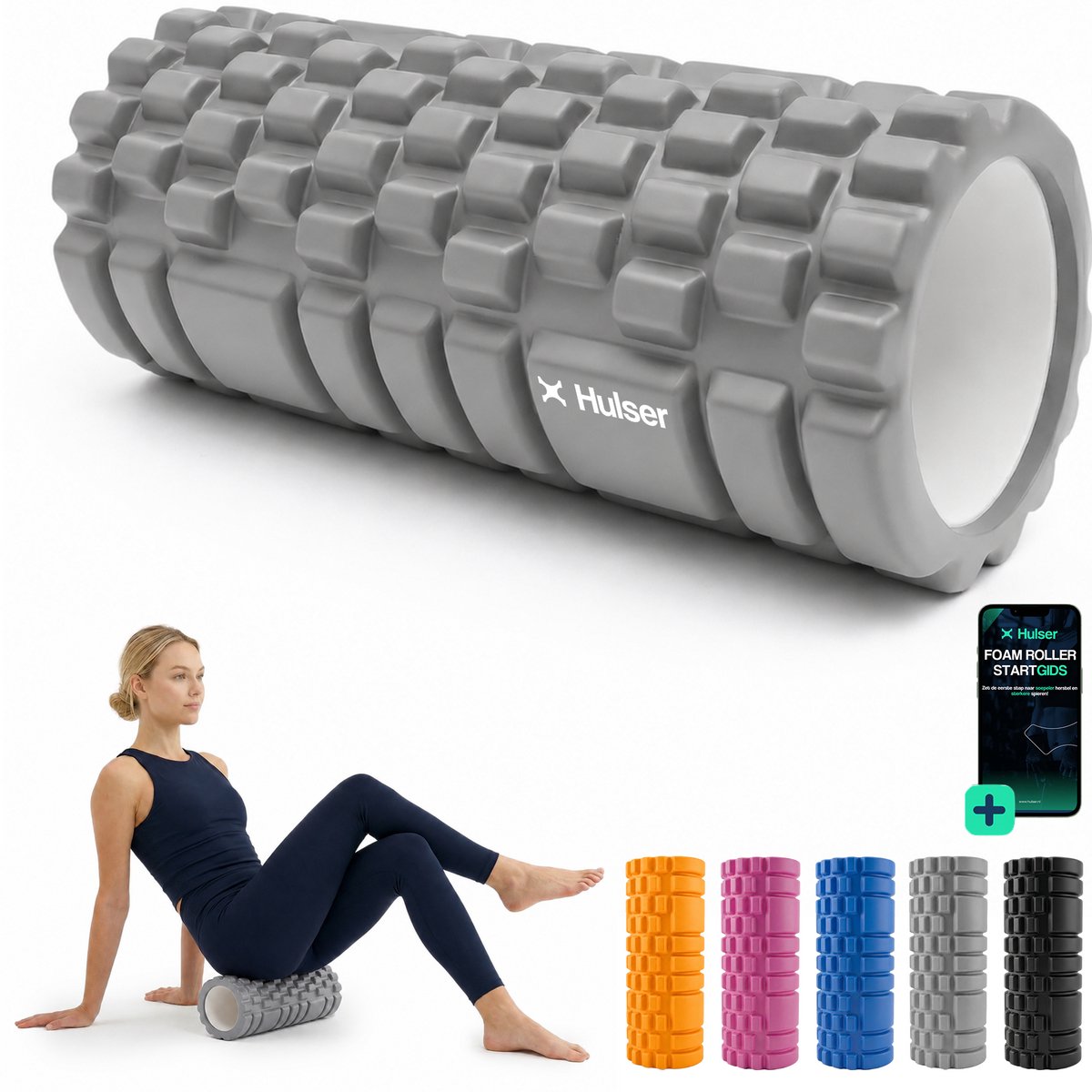 Hulser Foam Roller 33 cm – Massage roller – Fitness en Yoga foamroller – Grijs – Met digitale startgids - Voor triggerpoint massage - Grid Trigger