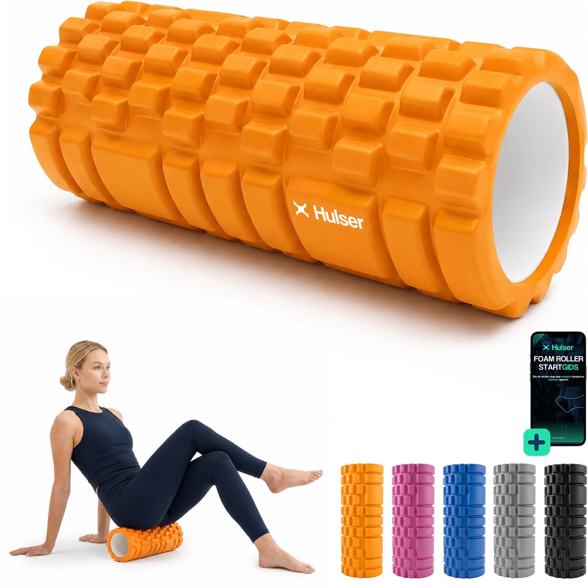 Hulser Foam Roller 33 cm – Massage roller – Fitness en Yoga foamroller – Oranje – Met digitale startgids - Voor triggerpoint massage - Grid Trigger