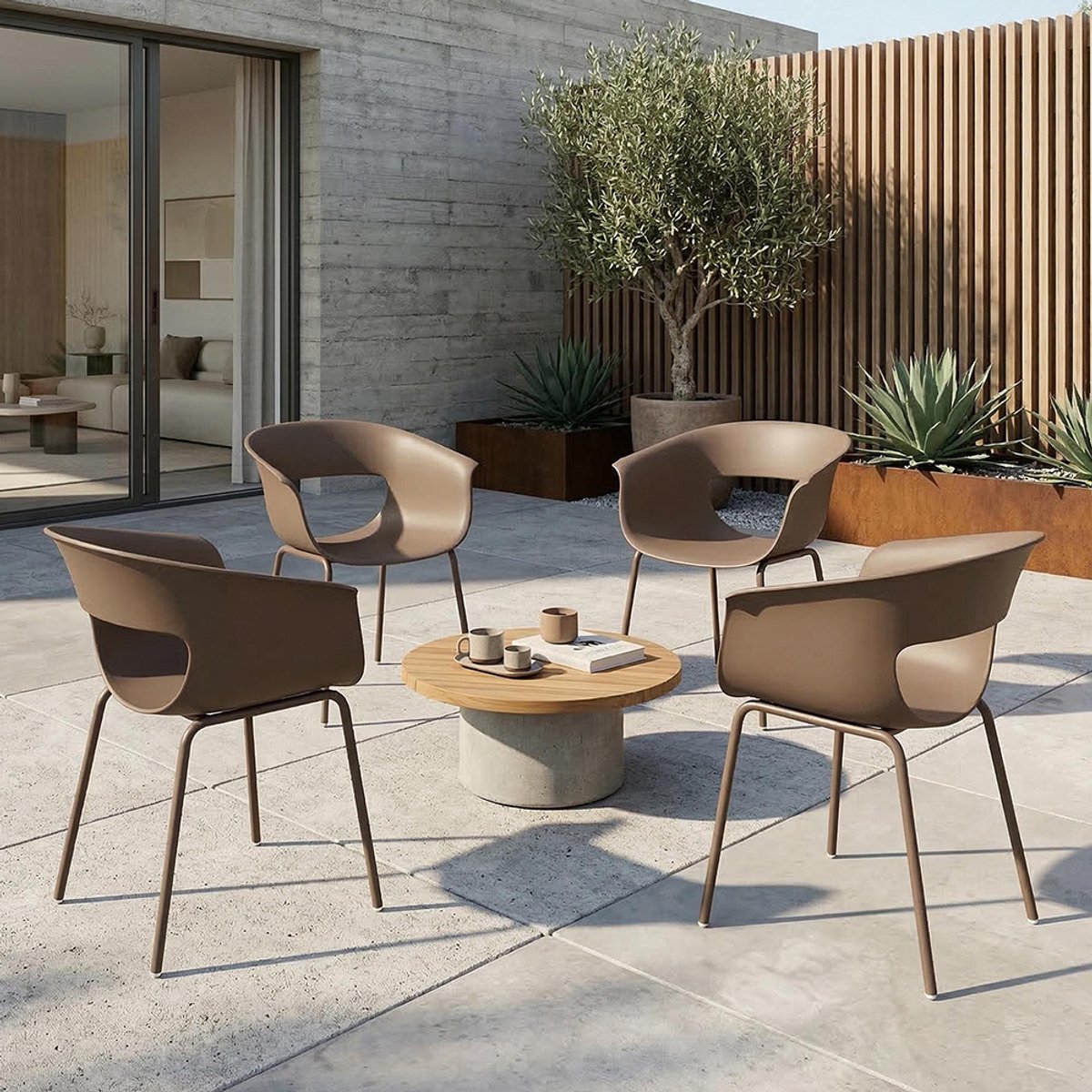 Pugsdrly Tuinstoelen 4-delige set ergonomische balkonstoelen met uitsparingsontwerp armleuning weerbestendig roestbestendig koffie