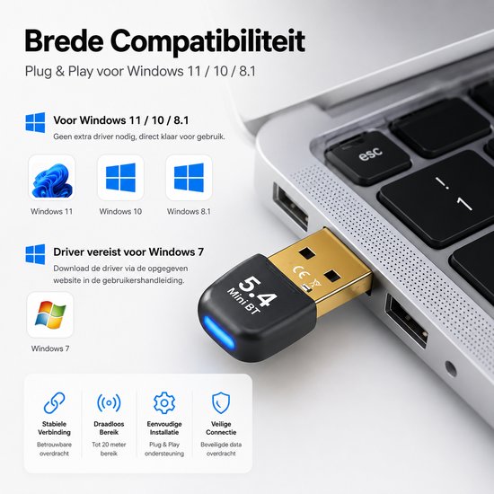 Zwarte Sounix Bluetooth 5.4 adapter met gouden connector, blauwe LED, naast een laptop met Windows logo's.