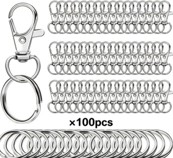 Set van 100 zilverkleurige sleutelhangers, met karabijnsluiting en losse ringen.