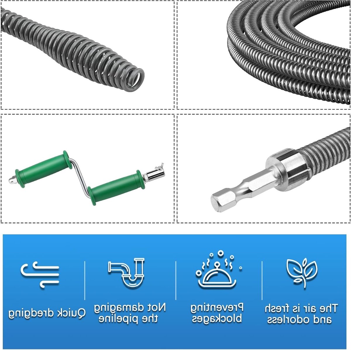 Effectieve 5 m x 10 mm spiralen voor het reinigen van afvoeren, toiletten en keukens met handmatige adapter