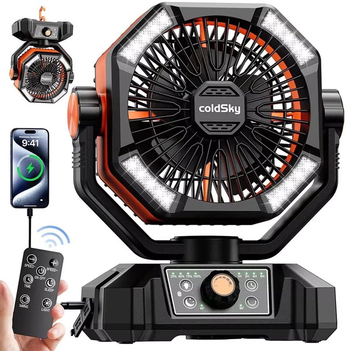 Camping Ventilator met LED Verlichting – 20000mAh Accu – Draagbare Outdoor Ventilator – 8 Snelheden – Afstandsbediening – Oplaadbare Bureauventilator voor Kamperen & Vissen