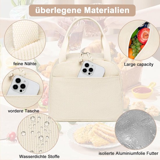 Geïsoleerde Lunchtas voor Vrouwen, Herbruikbare Lunchbox met Rits, Lekvrije Thermische Koeltas, Grote Capaciteit, Beige van KZQ — afbeelding 3