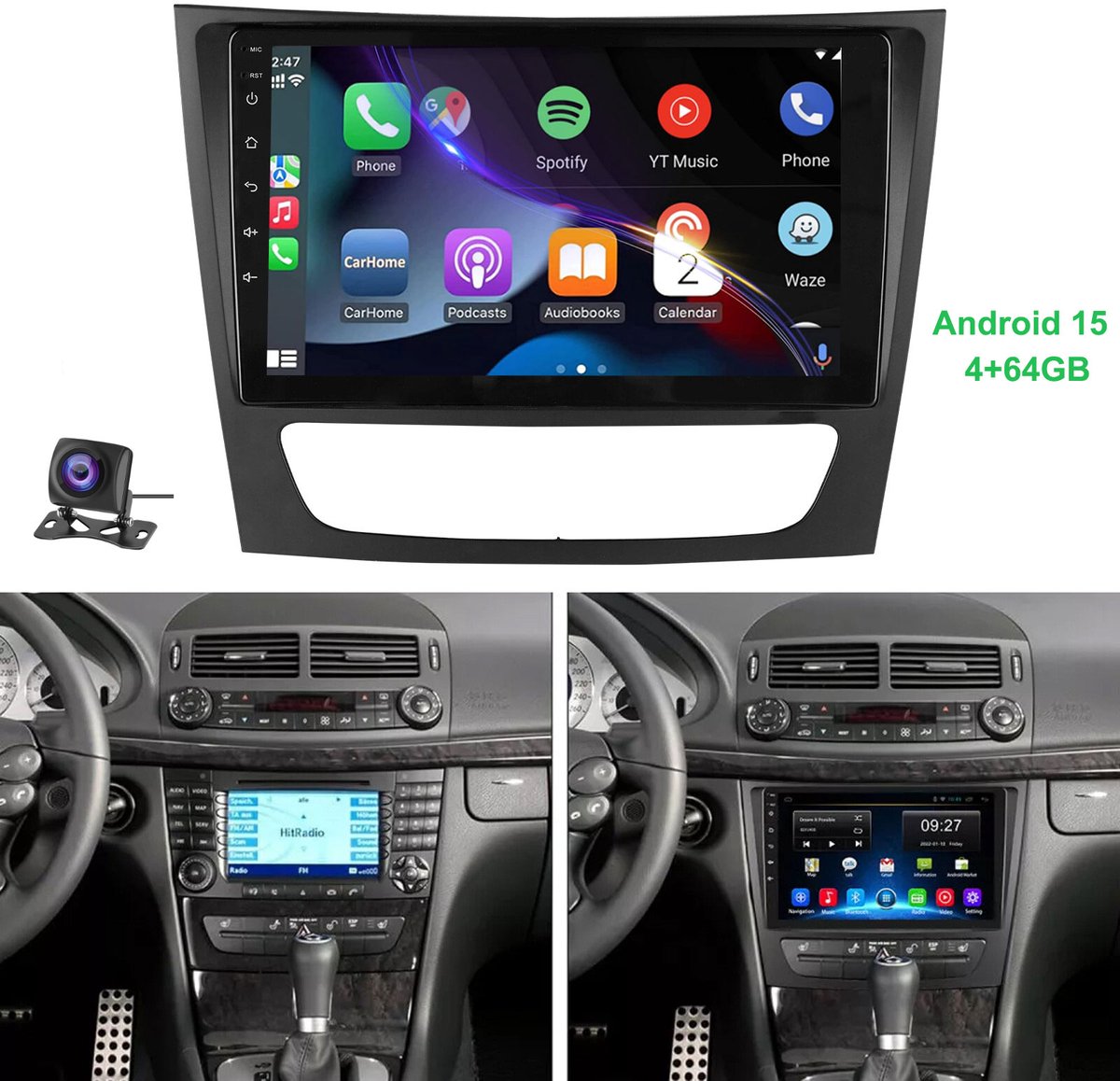 ESSGOO Autoradio - geschikt voor Mercedes-Benz E-Class W211 CLS-Class W219 - Draadloze CarPlay & Android Auto - Android 15 - 4 + 64 G - GPS-Navigatiesystem - Bluetooth Wifi FM SWC RDS -Achteruitrijcamera