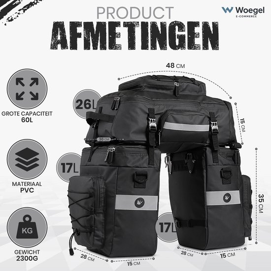 Fietstassen dubbel Rugzak Fietstas Rugtas Bagagedrager Fiets Regenhoes 60L Zwart UPGRADE - RHINOWALK® van Rhinowalk® — afbeelding 5