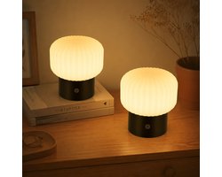 Glitzerlife Tafellamp Bedlampje - Draadloos Oplaadbaar -2 stuks LED Tafellamp - Touch Dimbaar 3 Kleurtemperaturen USB Oplaadbaar IP44 Waterdicht - Paddenstoelglas - Ø16cm - Zwart