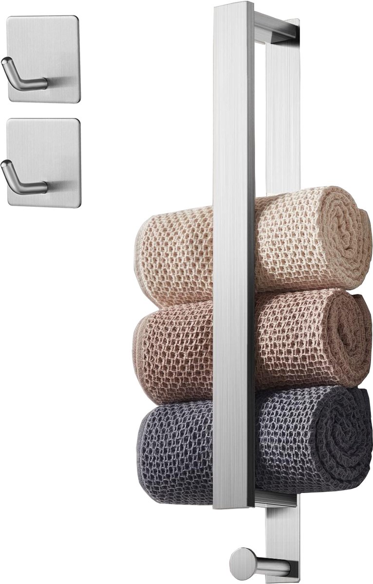 Handdoekhouder zonder boren 40cm – zelfklevend roestvrij staal met 2 haken, multifunctioneel voor badkamer & keuken, wandhanddoekhouder, keukenrolhouder, modern, duurzaam, anti-roest, makkelijk te monteren
