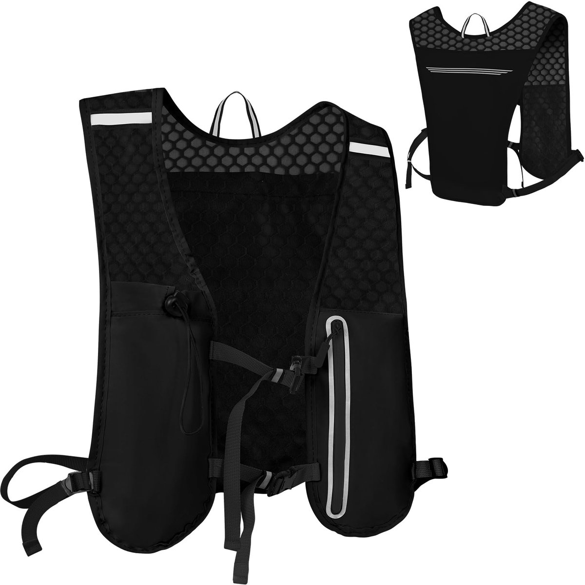 carmdering - Hardlooprugzak - Lichtgewicht Rugzak - Outdoor Rugzak - 115 g, ademend gaas, reflecterend - Verstelbare borst- en heupbanden - Geschikt voor telefoon en waterfles - Zwart, ideaal voor hardlopen en wandelen