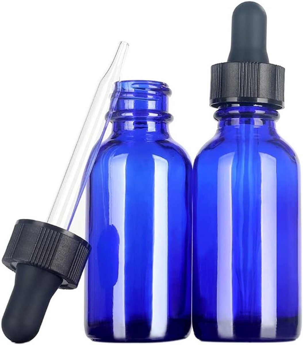 Ronde glazen flessen met druppelaar - Blauw - 30 ml - Set van 2 - Perfect voor kruiden, ol