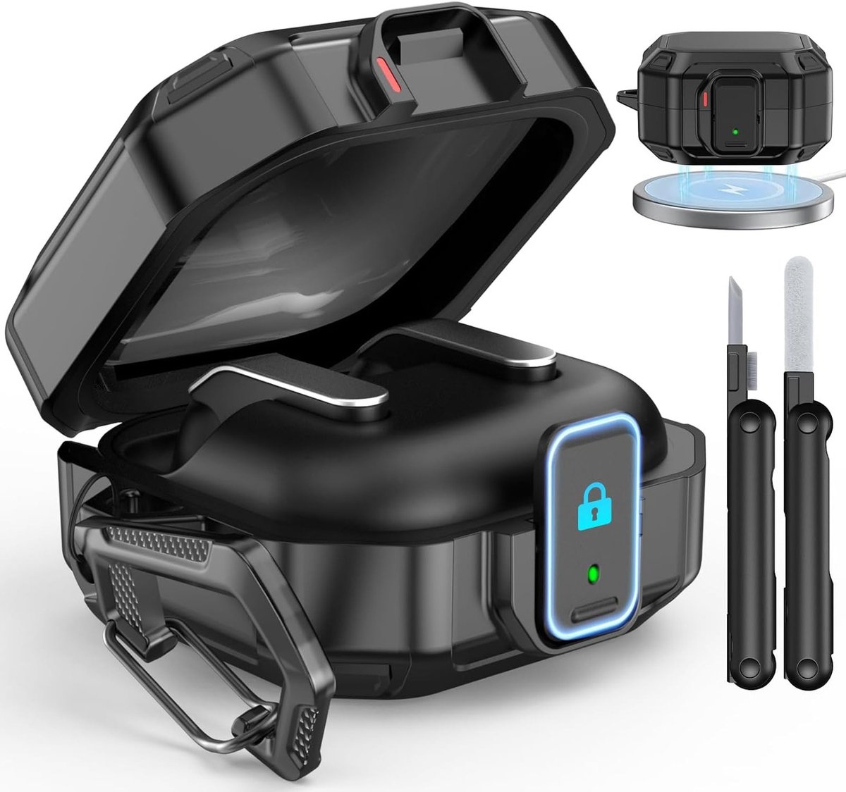 Rugged Armor Shockproof Hoes voor Galaxy Buds 4 Pro en Galaxy Buds 4, Volledige Bescherming, Inclusief Reinigingspen en Haak, Zwart, Perfect voor Draagbaarheid en Veiligheid