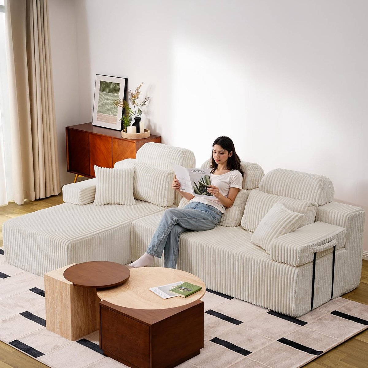 Hoekbank met Slaapfunctie 270x172 cm L-vorm Relaxbank met Hoge Rugleuning en Corduroy Bekleding – Beige – Urbanhome