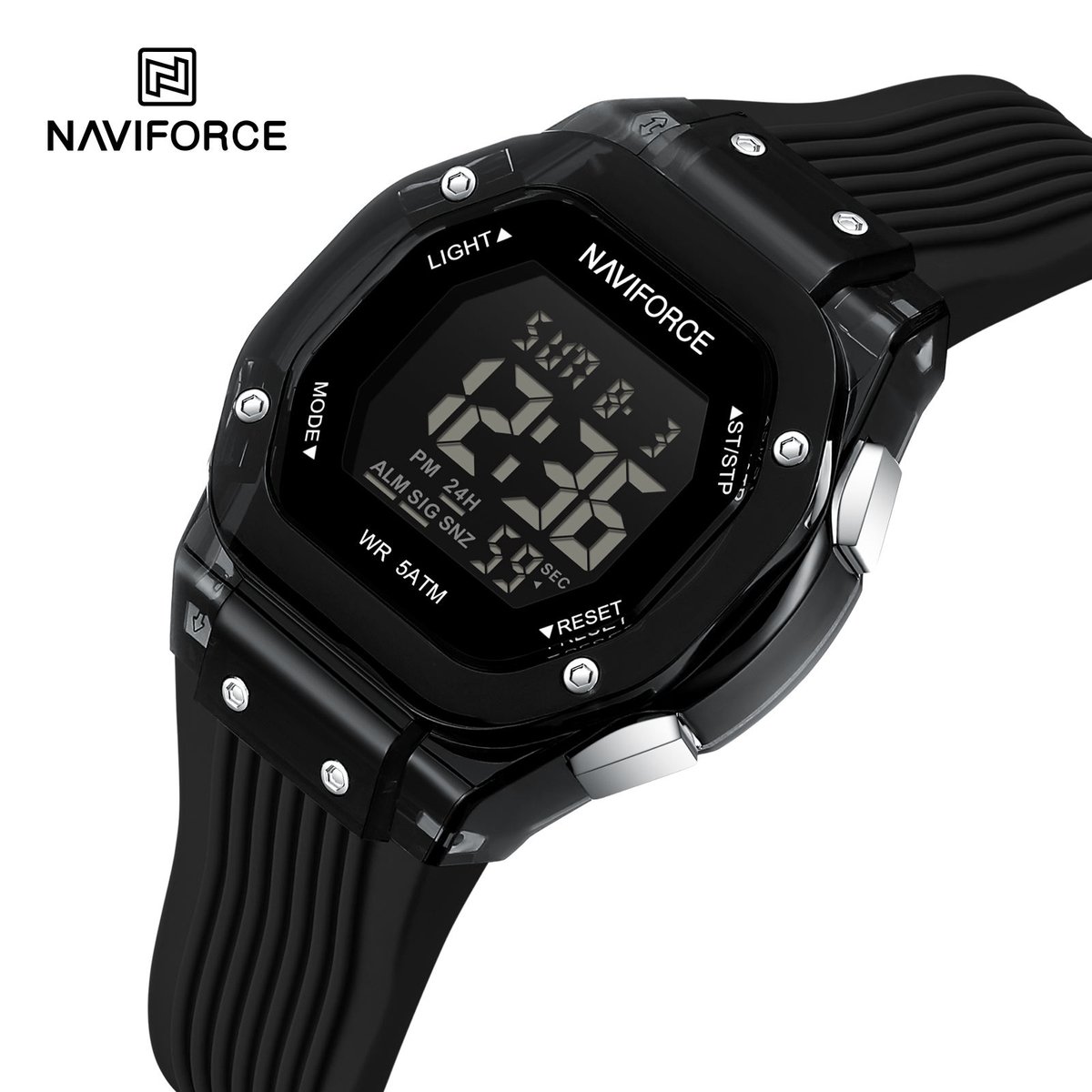 NAVIFORCE horloge met zwarte siliconen polsband, zwarte wijzerplaat en zwarte horlogekast voor jongens en meisjes met stijl ( model 6114 BB )