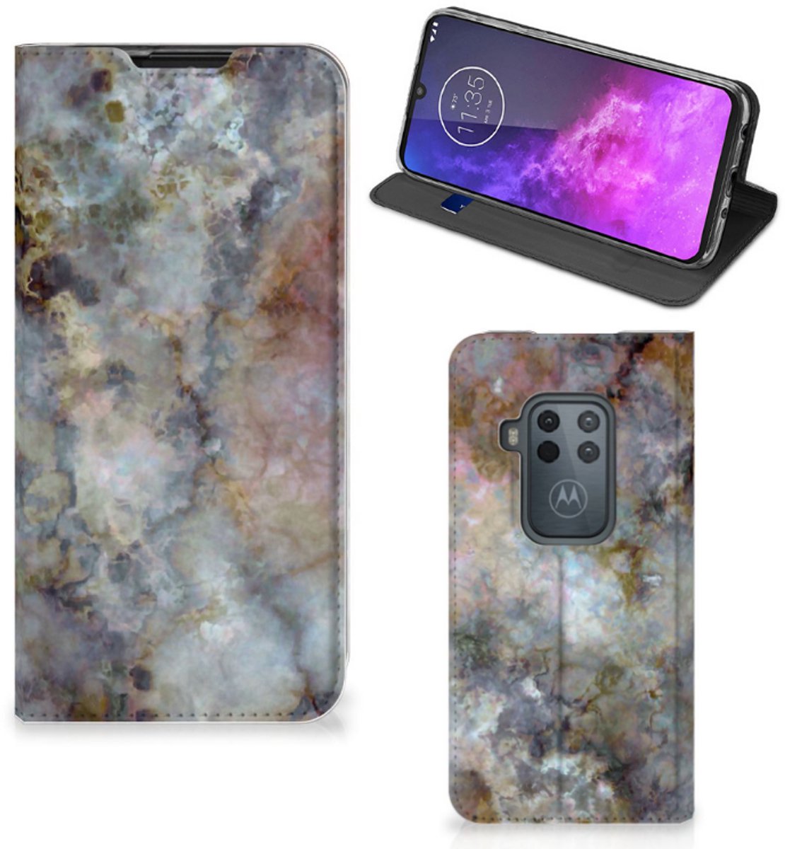 Motorola One Zoom Standcase Marmer Grijs