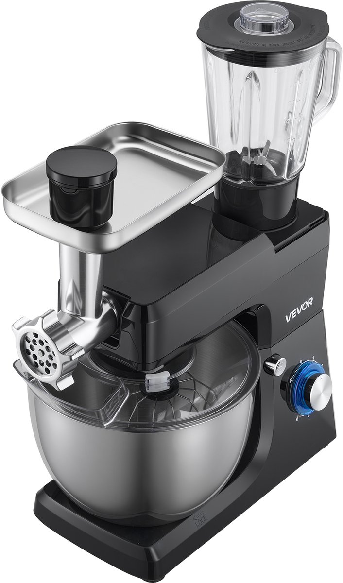 VEVOR Multifunctionele Elektrische Keukenmachine 1500W met Roestvrijstalen Kom (7,8 L) en Mengkom (1,5 L), Deegmixer met 6+P Snelheden, Deeghaak, Garde en Klopper van Merkloos — afbeelding 2