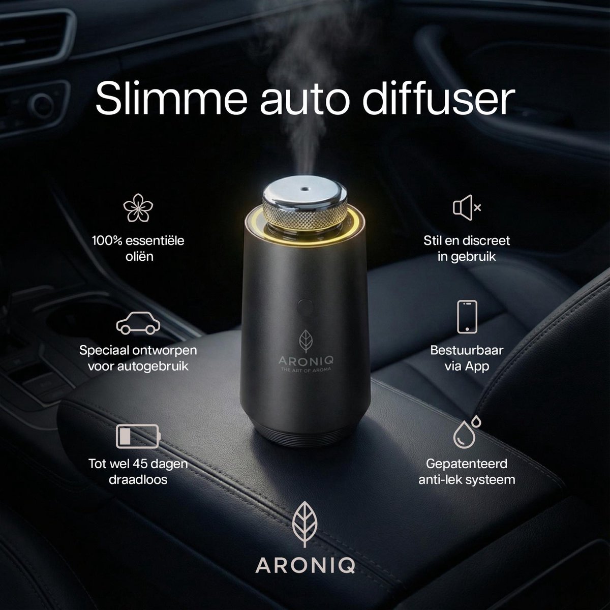 ARONIQ Luxe Aluminium Aroma Diffuser – Waterloos & Draadloos – Ambient light & Smart App – Aromatherapie Geurverspreider Auto & Huis – Trillingssensor – Incl. Signature Fragrance (Etherische Olie) – Moonstone Grey — cadeau in Cadeau-ideeën - foto 7