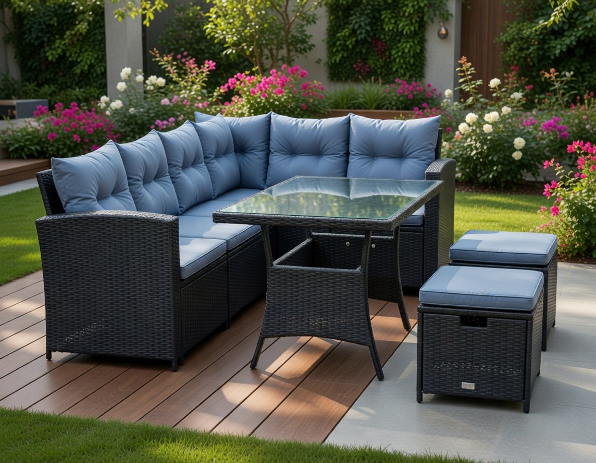 Luxe Polyrotan Loungeset voor 7 Personen – Moderne Zwarte Tuinbankset met Comfortabele Zit- en Rugkussens, Weerbestendig en UV-bestendig, Complete Outdoor Sofa Set Medahomestore
