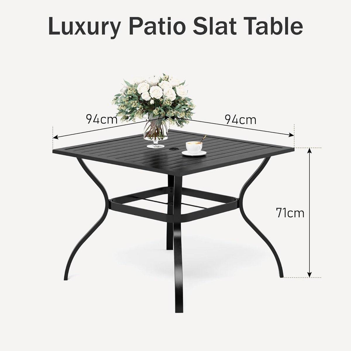 Tuintafel 94x94 cm Zwart met Parasolgat 4 cm – Metalen Eettafel voor Buiten, Weerbestendig & Roestvrij Stalen Frame – 4 Personen – Laura