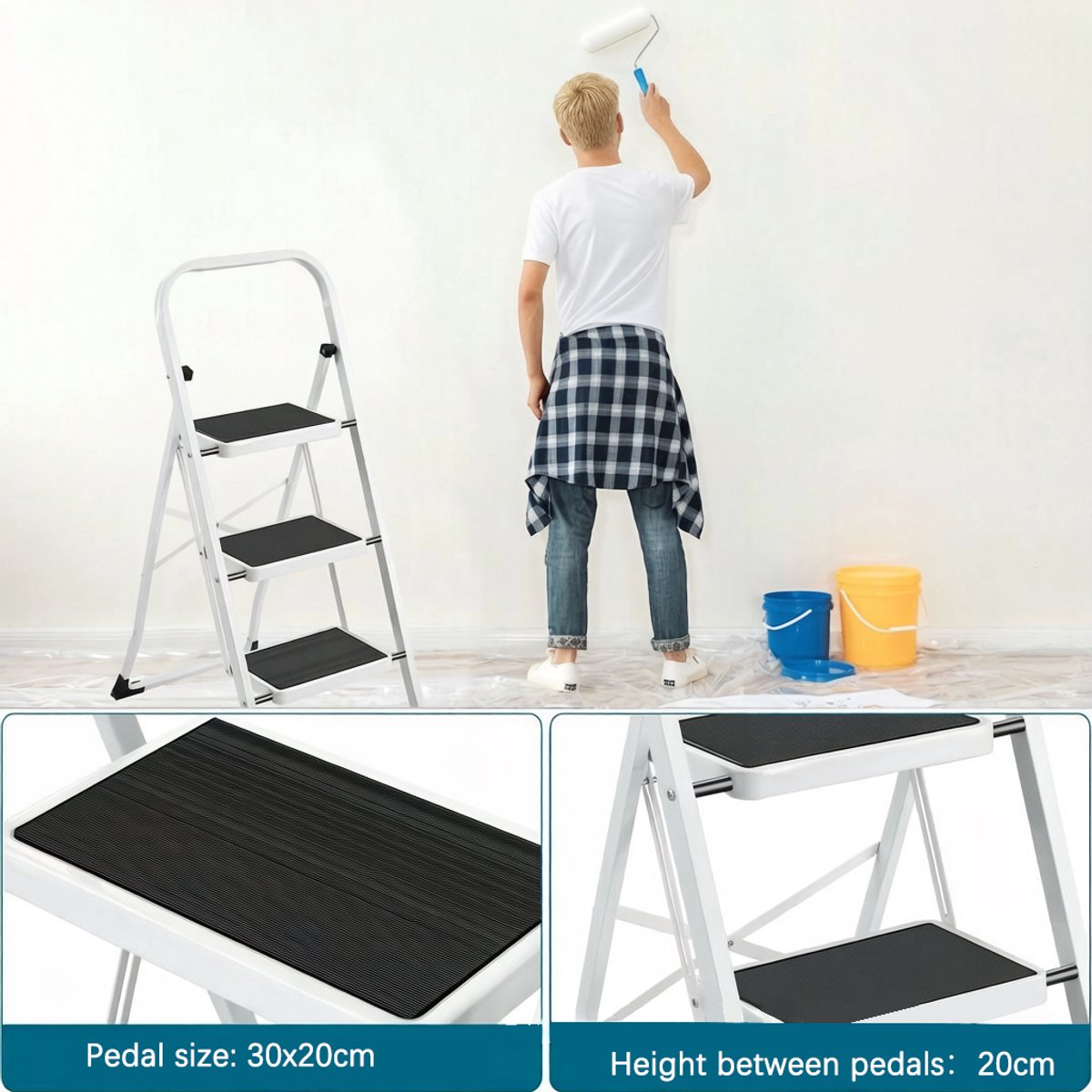 Hoppa! Keukentrapje / Huishoudtrapje - 3-Treden Ladder - Vouwladder - Sportbreedte 20 cm - Antislip Rubber - Draagvermogen 150 kg - Staal - GS-gecertificeerd - Zwart en Wit – foto 3